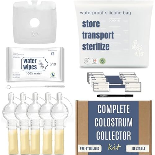 Colostrum Collector Kit - Collect and Store Colostrum During Pregnancy to Feed Baby - Complete Collection Kit Includes 4ml Collectors, Labels, Marker, Brush, Multi Purpose Silicone Bag and 10 Wipes