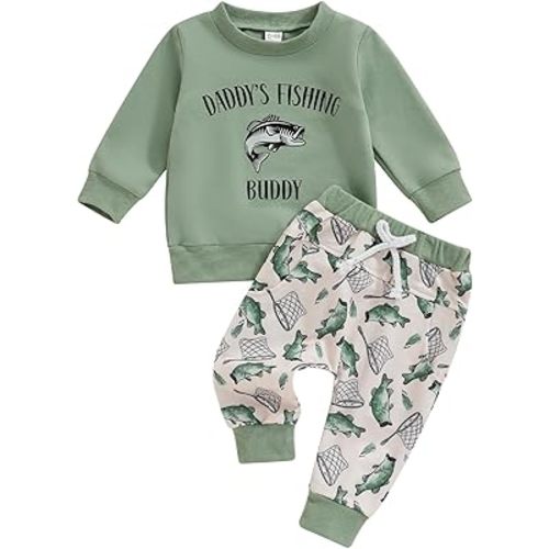 Canrulo Toddler Baby Boy Girl Fishing Outfit Letter Print Long Sleeve Sweatshirt Fish Jogger Pants 2Pcs Set Fall Clothes