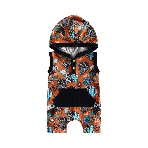 Qtinghua Western Newborn Baby Boy Clothes Cow Print Sleeveless Hooded Romper One Piece Jumpsuit Outfits
