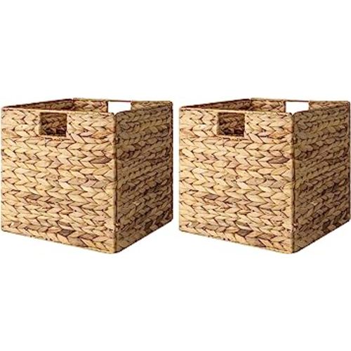 StorageWorks Wicker Baskets for Storage with Liners, Water Hyacinth Storage Baskets for Organizing, Handwoven Wicker Storage Cubes, Large, 2 Pack