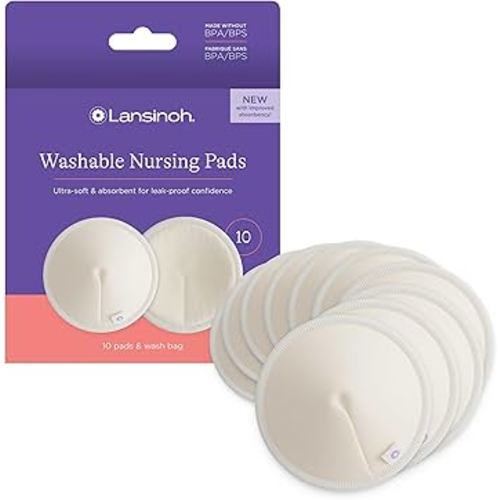 Lansinoh Lot de 10 coussinets d'allaitement lavables, fabriqués en viscose de bambou biologique, coussinets d'allaitement réutilisables pour l'allaitement avec sac de lavage, essentiels pour