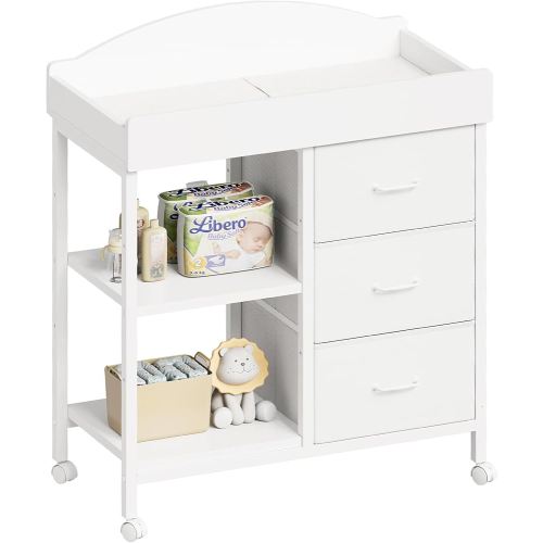 Changing Table Dresser, Baby Dresser with 3 Fabric Drawers and 2 Shelves, Multi-Functional Baby Changing Table with Pad, Classic Nursery Dresser, Diaper Changing Station for Nursery, White