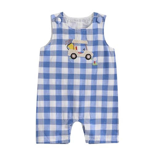 Bonangber Baby Boy Golf Outfit Golf Cart Football Embroidery Sleeveless Jumpsuit Crewneck Plaid Romper Cute Newborn Playsuit