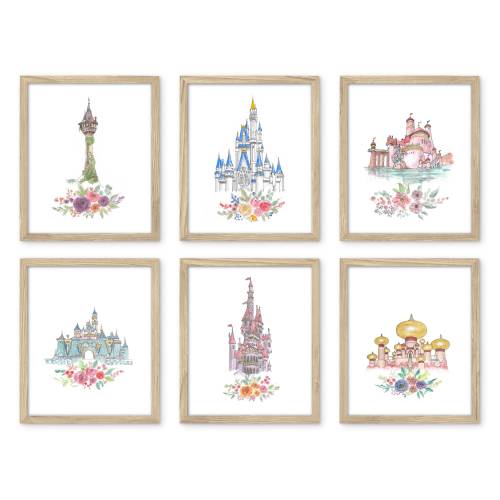 Baby Girl Nursery Art, CASTLE Art PRINT Set of 6, Princess Wall Art