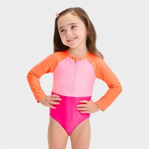 Toddler Girls' Long Sleeve Colorblock Rashguard One Piece Swimsuit - Cat & Jack™, Color: Pink, Size: 12M