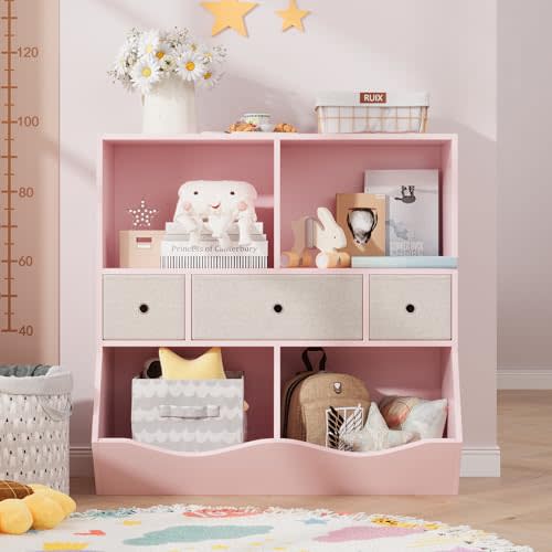 IDEALHOUSE 7-Cubby Large Kids Toy Storage Organizer, Children Wood Bookcase and Bookshelf, 3-Tier Toy Storage Cabinet with 3 Drawers for Hallway, Playroom, Living Room, School,Pink