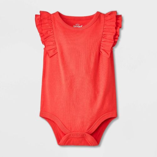Baby Girls' Solid Ruffle Bodysuit - Cat & Jack™ Red Newborn: Cotton Blend, Sleeveless, Crotch Snap, Tagless, Machine Washable