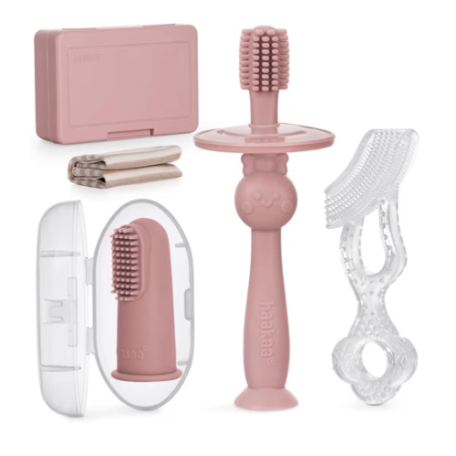 haakaa Training Toothbrush Set Oral Care Kit, Soft Silicone Toothbrush for Baby, Infants, Toddlers & Kids, Blush