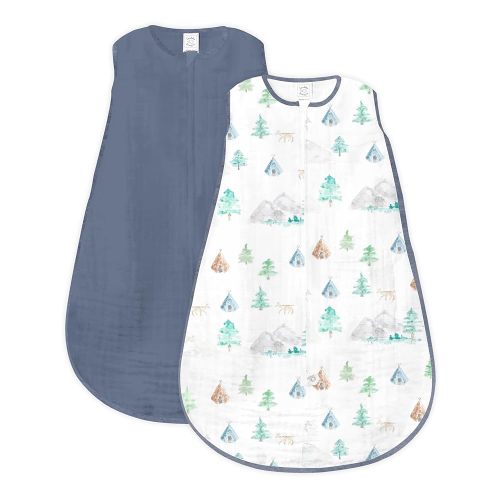SwaddleDesigns Baby Sleep Sack 6-12 months, Cotton Muslin Wearable Blanket with 2-way Zipper, Non-Weighted Sleeping Sack for Safer Sleep, Watercolor Mountains & Trees and Denim, 2 Pack, Medium