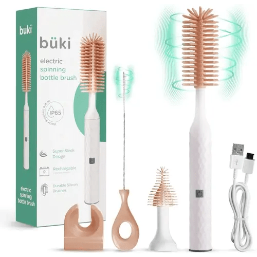 Büki Electric Baby Bottle Cleaning Brush Set - Rechargeable Electric Bottle Brush with Straw Cleaner - Water Bottle Cleaning Kit, Nipple Brush, 1200mAh Brush Cleaner (by Kindersense), Pink