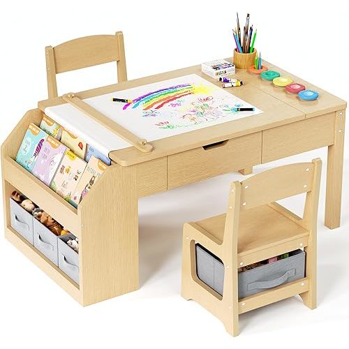 5-in-1 Kids Art Table and Chairs, Toddler Table and Chair Set, Craft Play Desk for Kids, Convertible Art Easel with Paper Roll Holder & Storage Drawers, Children Activity Learning Center - Nature Wood
