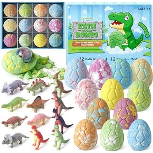 Bath Bombs with Surprise Dinosaur Toys Inside, 12 Pack Organic and Natural Bubble Bath Bombs, Stocking Stuffers for Kids, Bath Bomb Set for Her/Him,Mothers Day Presents for Mom