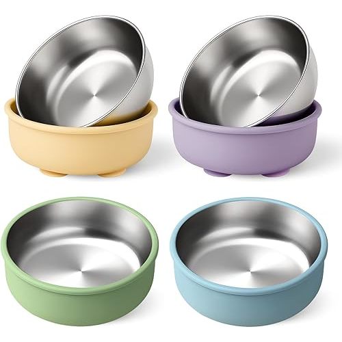Mity rain Stainless Steel & Silicone Bowls for Baby - 4-Piece Suction Plates & Bowls for Toddlers,Removable Silicone Shell,Non-Slip Baby Food Bowl with Unbreakable Design (Baby Bowls with Suction)