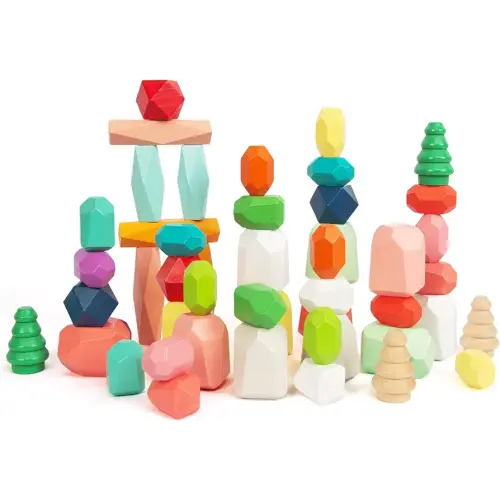 48 PCS Wooden Sorting Stacking Rocks Stones,Sensory Toddler Toys Learning Montessori STEM Toys, Building Blocks Game for Kids 3-6 Years Boy and Girl Birthday Gifts for Kids