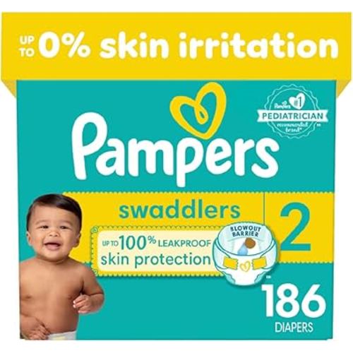 Pampers Swaddlers Diapers - Size 2, One Month Supply (186 Count), Ultra Soft Disposable Baby Diapers