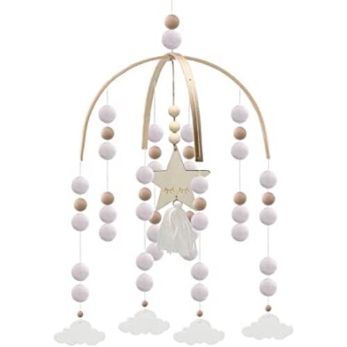 Mobile for Crib,Neutral Baby Crib Mobile,Wooden Bead Crib Mobile,Nuesery Cot Mobile,Felt Ball Mobile,Handmade Baby Mobile Pom Pom Mobile Ceiling Mobile for Nursery Decor(White-Clouds)