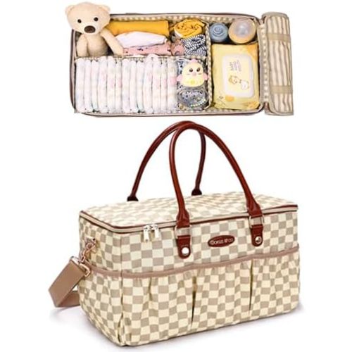 Dokus & Co Large Diaper Bag Tote with Shoulder Strap – Water-Resistant Baby Bag for Travel, Mom & Dad – Stylish Diaper Organizer with Zipper Pockets – Beige Checkered