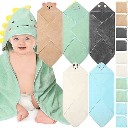 15 PCS Hooded Baby Towels, Soft Baby Towel, Absorbent Baby Bath Towel, 5 Styles Baby Towels and 10 PCS Baby Washcloths for Newborns, Toddlers, and Kids, 32x32 in Baby Towel with Hood for Boy and Girl