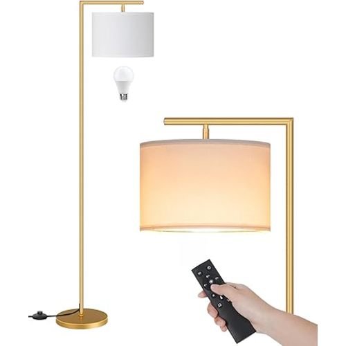GOEBLESON Gold Dimmable Floor Lamp, Modern Arc Lamp with Remote, Standing Corner Light with Lampshade, Tall Reading Lighting for Bedroom, Living Room, Office, Den, White, LED Bulb Included, DW11LD05