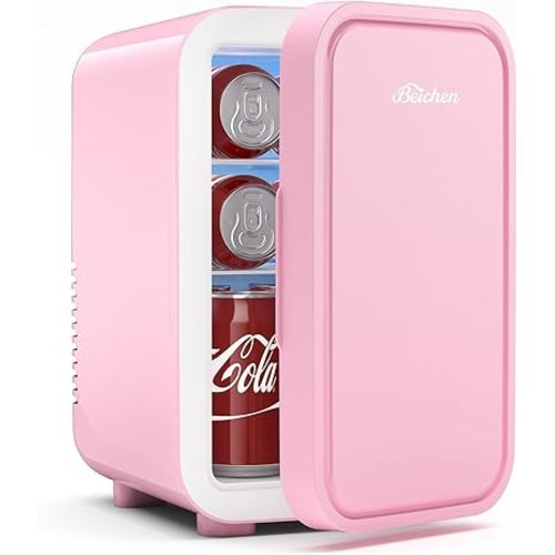 BEICHEN Mini Fridge,6 Liter / 8 Can Small Fridge for Bedroom, Car, Office & Dorm, AC100-120 V/DC 12 V Portable Thermoelectric Cooler & Warmer for Skincare, Food, Drinks,Pink