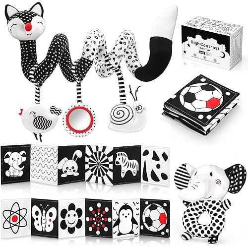 High Contrast Black and White Baby Toys 3-Piece Newborn Essentials Set with Hanging Toys,Rattle Crib Mobile,baby Book & Car Seat Stroller Toys for 0-3-6-12 Months Infant Development