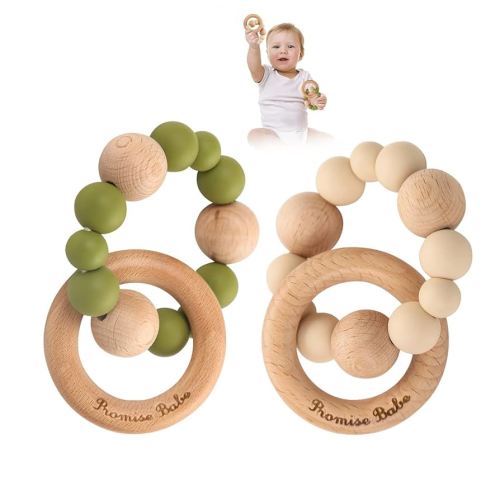 Promise Babe Silicone & Beech Baby Teether Retro Color Bracelet 2pc Set Wooden Nursing Bracelet