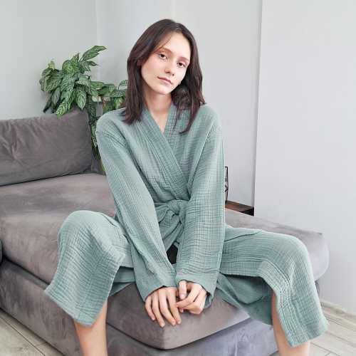 4 Layers Muslin Robe from Organic Cotton, Adult Unisex Dressing Gown, Soft Muslin Kimono with Pocket