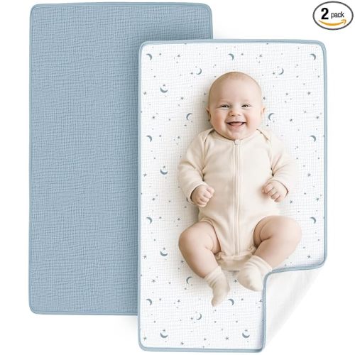 Konssy 2 Pack Waterproof Muslin Cotton Portable Changing Pad 30"x 17", Soft & Foldable Baby Changing Mat Travel Pad with Terry Backing, Shower Gift for Newborn Girls Boys (Blue,Dreamfield Sky)