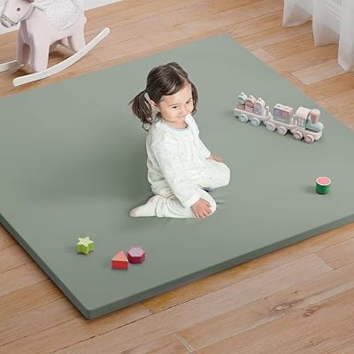 Baby Play Mat for Floor, 50x50 Vegan Leather Playpen Mat, Thickened Foam Cushioned Mat for Infants and Toddlers, Waterproof, Non-Slip & Stylish Playmat for Babies, Easy to Clean, Green