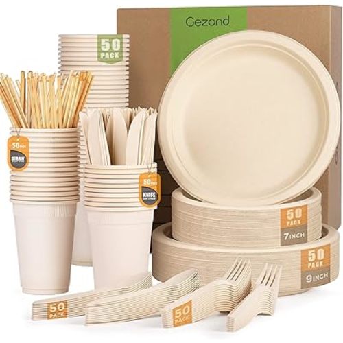 Gezond 350pcs Compostable Paper Plates Set Eco-friendly Heavy-duty Disposable Paper Plates Cutlery Includes Eco-friendly Plates, Forks, Knives, Spoons, Cups and Straws for Wedding Party, 50 Guests