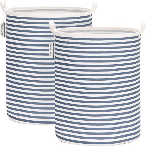 Sea Team 2-Pack 19.7 Inches Large Sized Waterproof Coating Ramie Cotton Fabric Folding Laundry Hamper Bucket Cylindric Burlap Canvas Storage Basket (19.7", Navy Blue & White Stripe)