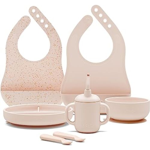 Lalo First Bites Silicone Baby Feeding Set - Baby Led Weaning Supplies - Non-Toxic Silicone - Includes 2 Bibs, 2 Spoons, Training Cup, Suction Plate and Bowl - 6 Pieces - Grapefruit