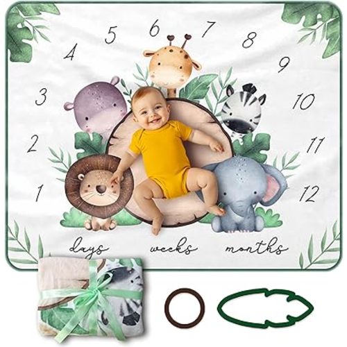 Baby Milestone Blanket – 40” x 50” Soft Animal-Themed Monthly Growth Tracker – Includes 2 Custom Date Markers – Elephant, Lion, Zebra, Giraffe & Hippo Design – White with Green Border