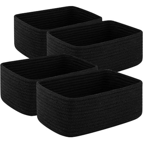 4 Pack Small Storage Shelf Baskets for Organizing, Mini Woven Rope Storage Bins for Towels, Cute Decorative Closet Organizer,Baby Nursery, Gift Empty Baskets -11.81''Lx7.87''Wx4.72''H-Black