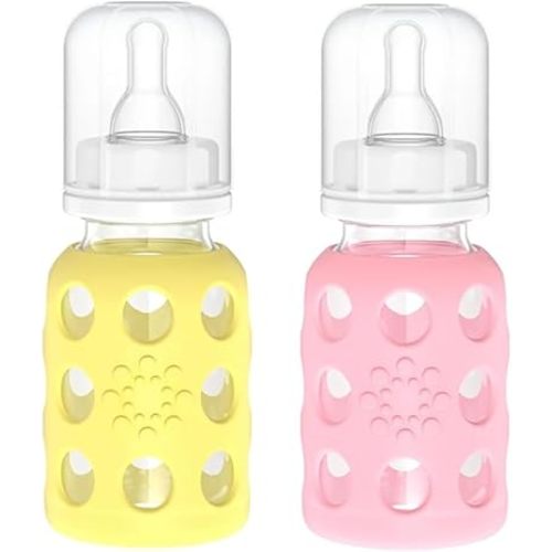 Lifefactory Glass Baby Bottle BPA Free | Protective Silicone Sleeve | 4 oz Pack of 2 | Pink, Banana