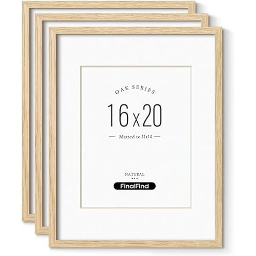 Minimalist 16x20 Frames with Mat for 11x14 Set of 3, Natural Solid Oak Wood 16x20 Frame, Lightweight for Wall Mounting(3 Pack, Oak)