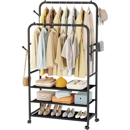Furologee Double Rods Clothing Garment Rack with Wheels and 3-Tier Storage Shelf, Clothes Rack for Hanging Clothes with 4 Hooks, Portable Closet Wardrobe Organizer for Bedroom, Living Room, Black