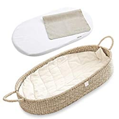 Premium Baby Changing Basket - Handmade Natural Seagrass Moses Basket - Luxury Leaf Liner - Thick & Waterproof Bamboo Pad - Vegan Leather Baby Changing Mat - Baby Changing Pad