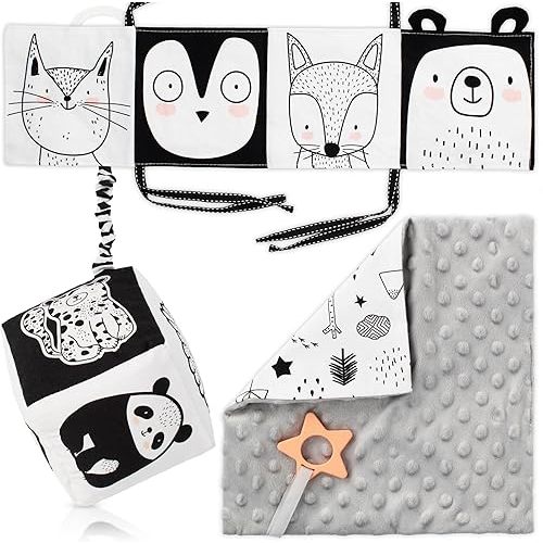 The Ultimate Tummy Time Toys Set of 3 - Soft High Contrast Book, Toy Block, Crinkle Paper and Teether - Stimulating Black & White Sensory Development Toys for Newborns & Infants 0-3, 0-6 Months