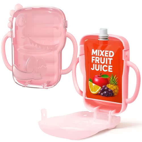 Flybok Pouch Holder No Squeeze for Baby Food Drink Boxes, Cute Dinosaur Design, Adjustable Juice Box Holder for Toddlers to Self-Feed, Easy to Grip, Baby Pouch Holder for Apple Sauce Yogurt Fruit