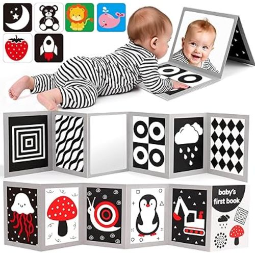 Black and White High Contrast Baby Books Flash Cards Tummy Time Mirror Toys Newborn Toys 0 3 Months Brain Development Infant Stimulating Sensory Toy 0-3 3-6 2 4 5 Months old Baby Boy Girl Shower Gifts