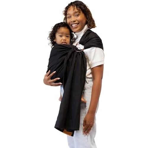 WildBird - Ring Sling Baby Carrier - Newborn to Up to 35 lbs - for Moms, Dads & Caregivers - 100% Natural European Linen Fibers - Versatile & Adjustable - 90” Size - Raven Fabric & Goldk Ring