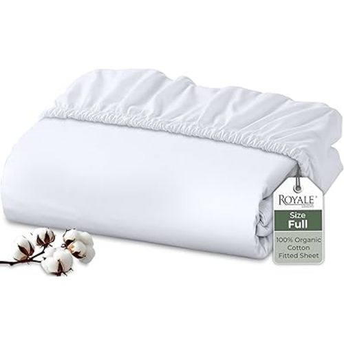 Royale Linens 100% Organic Cotton Fitted Sheet - Percale Weave - Super Soft Deep Pocket Bottom Sheets - White Elastic Sheet Full Size - Full Fitted Sheets Only - (54"x75"+15", White)