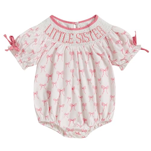 Lamuusaa Newborn Baby Girl Clothes Little Sister Smocked Romper Bow Print Bodysuit Shirts One Piece Summer Outfit