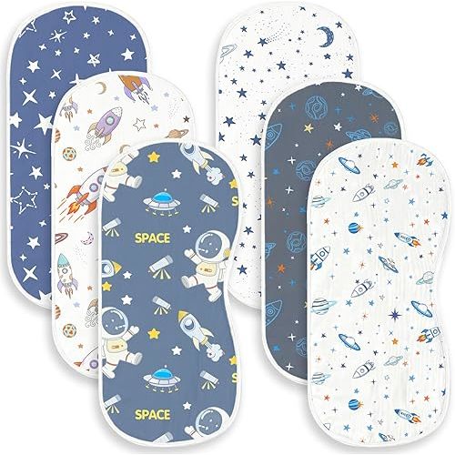 6 Pack Baby Burp Cloths for Boys Girls, Soft Cotton, Space Rocket Theme Design, Super Absorbent Baby Burping Cloths for Newborns, Machine Washable and Reusable Baby Spit-Up Cloths