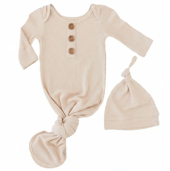 Oatmeal Bamboo Waffle Newborn Baby Knot Gown & Hat Set