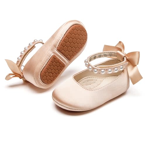 PHIRAMIN Baby Girls Mary Jane Flats - Infant Newborn Walking Shoes Soft Rubber Sole Princess Wedding
