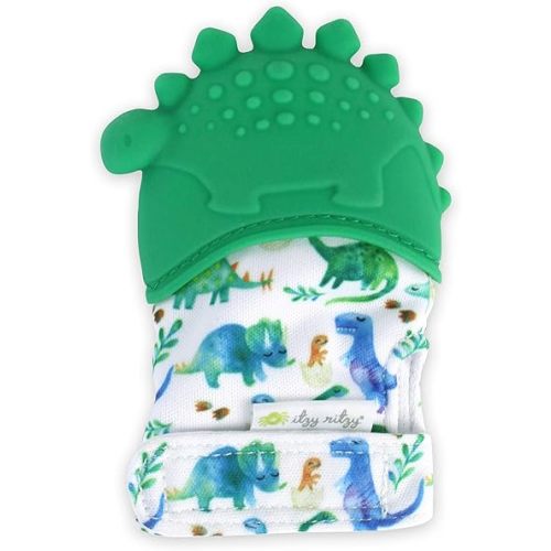 Itzy Ritzy Silicone Teething Mitt - Soothing Infant Teething Mitten w/Adjustable Strap, Crinkle Sound, Textured Silicone, Soothes Sore & Swollen Gums, Baby Teething Toy for 3 Mos & Up, Green Dinosaur