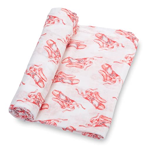 LollyBanks Muslin Swaddle Blankets for Girls, Large 47 x 47 Inches Soft Swaddles for Newborns, Breathable and Lightweight 100% Cotton Baby Blanket, Baby Essentials, Registry (Ballet Shoe Print)