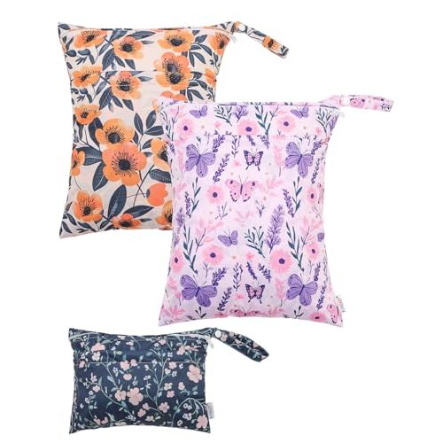 ALVABABY 3 Cloth Diaper Wet Dry Bags Waterproof Reusable with Two Zippered Pockets Travel Beach Pool Daycare Soiled Baby Items Yoga Gym Bag for Swimsuits or Wet Clothes Small medium Large 3L-SML08